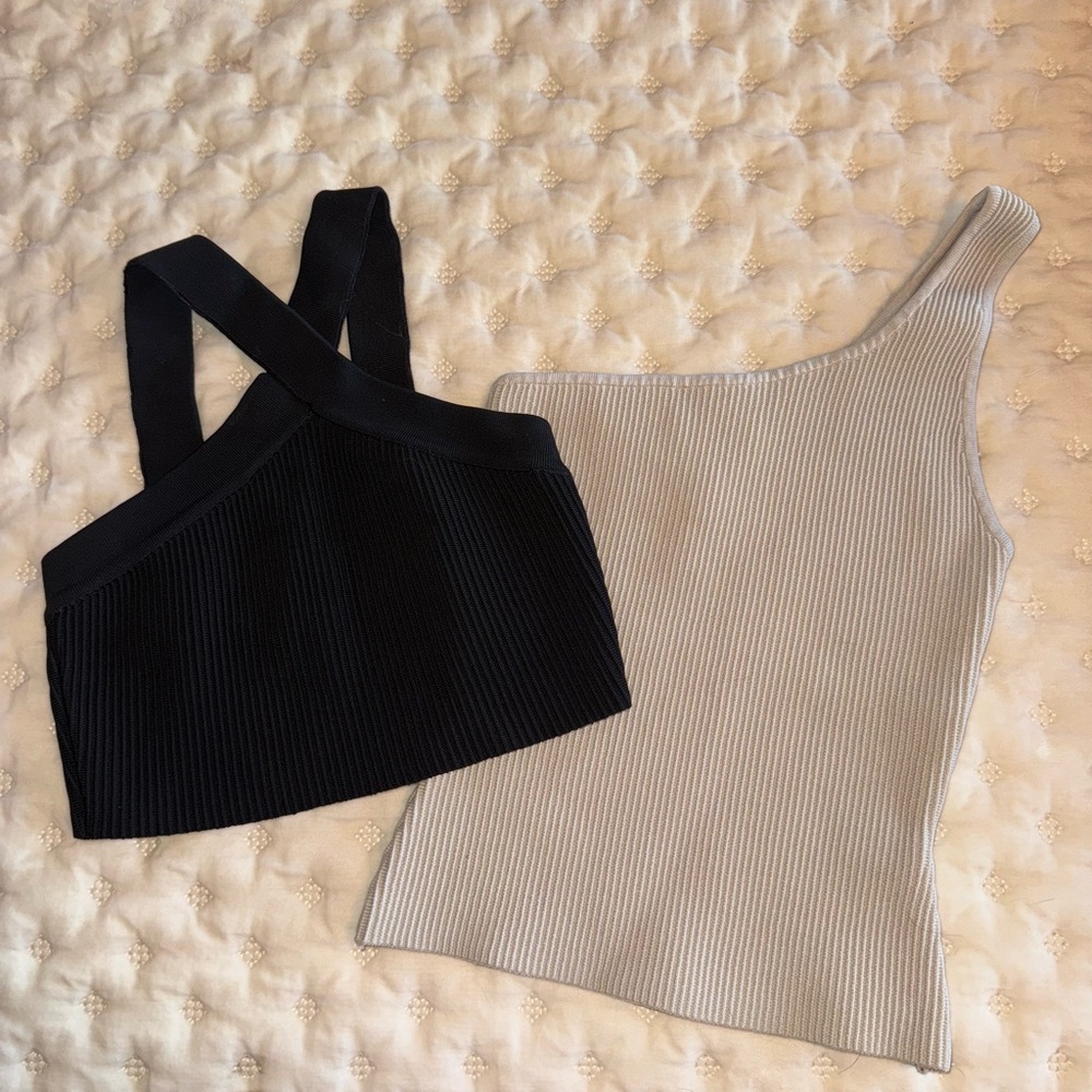 Aritzia Babaton Beige One Shoulder + CrissX Black Ribbed Tops S/P